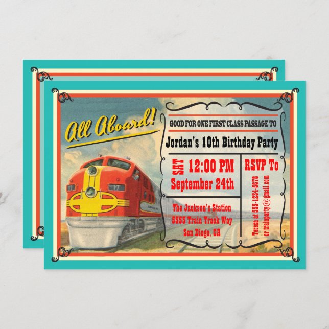 Vintage Train Ticket Birthday Party Invitation (Front/Back)