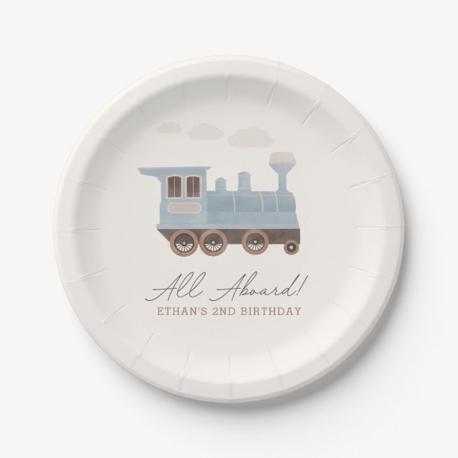 Vintage Train Transportation Birthday Paper Plates (Front)