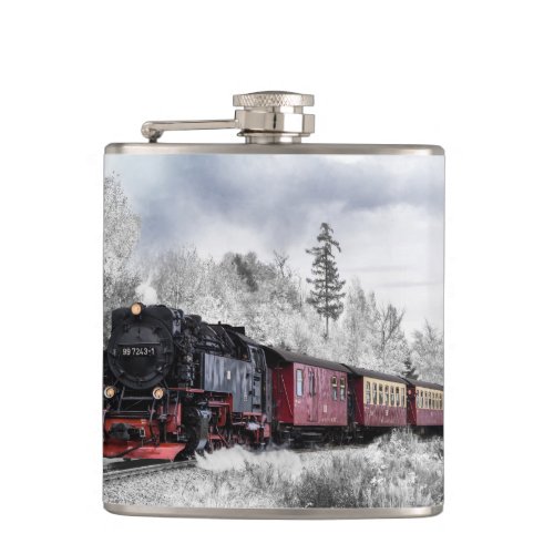 Vintage Train Travelling through Winter Landscape Flask