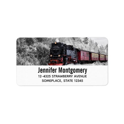Vintage Train Travelling through Winter Landscape Label