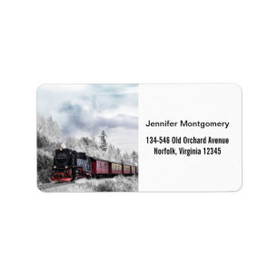 Vintage Train Travelling through Winter Landscape Label