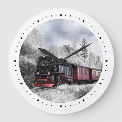 Vintage Train Travelling through Winter Landscape Large Clock