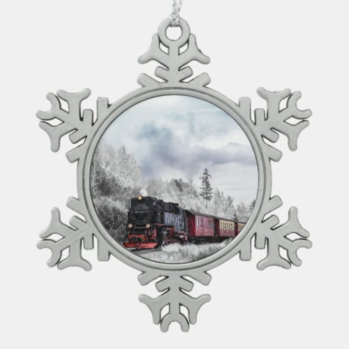 Vintage Train Travelling through Winter Landscape Snowflake Pewter Christmas Ornament