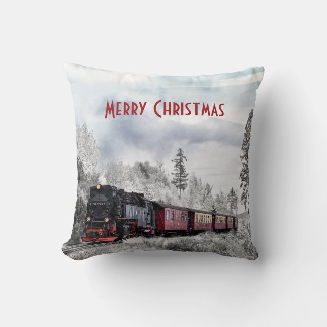 Vintage Train Travelling through Winter Landscape Throw Pillow (Front)