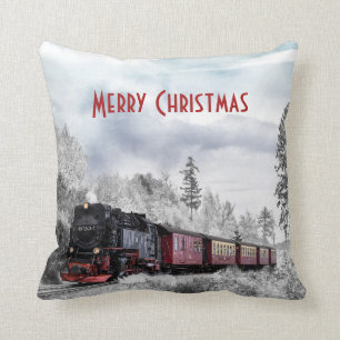Vintage Train Travelling through Winter Landscape Throw Pillow