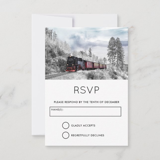 Vintage Train Travelling through Winter RSVP Invitation (Front)