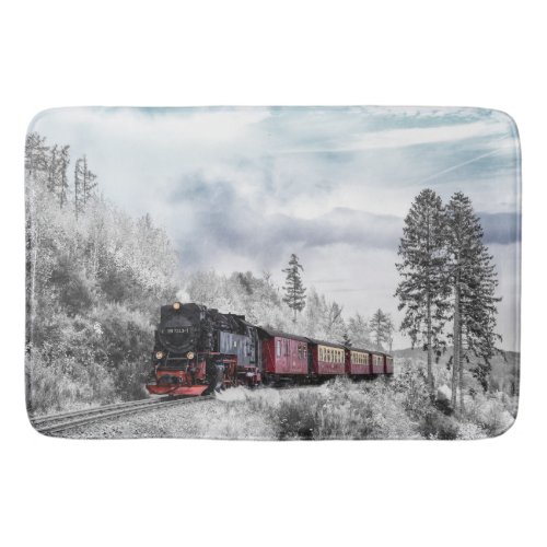 Vintage Train Travelling through Winter Wonderland Bath Mat