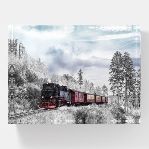 Vintage Train Travelling through Winter Wonderland Paperweight