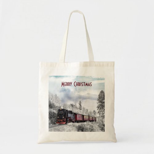 Vintage Train Travelling through Winter Wonderland Tote Bag