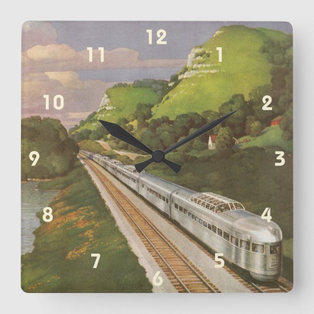 Vintage Train Vacation, Locomotive in Country Square Wall Clock (Front)