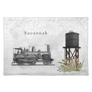 Vintage Train Water Tower Floral Confetti Name Cloth Placemat