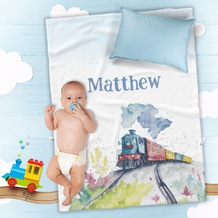 Vintage Train Watercolor Boy Name Fleece Blanket