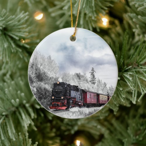 Vintage Train Winter Christmas Scene Ceramic Ornament