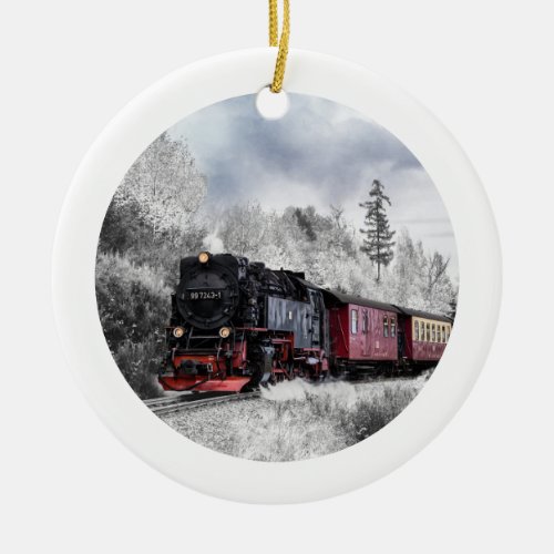 Vintage Train Winter Christmas Scene Ceramic Ornament