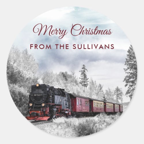 Vintage Train Winter Christmas Scene Classic Round Sticker