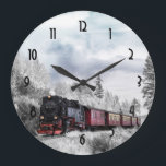 Vintage Train Winter Christmas Scene Large Clock<br><div class="desc">A clock with a photograph of a snowy winter landscape with snow-covered pine trees. A red,  gold and black old-fashioned train travelling through the wilderness. Conjures up thoughts of coming home for Christmas.</div>