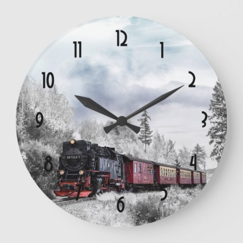 Vintage Train Winter Christmas Scene Large Clock