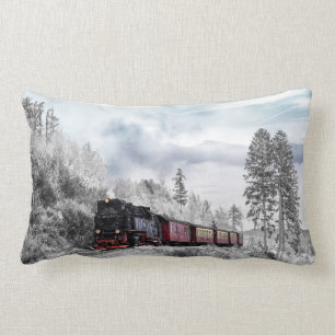 Vintage Train Winter Christmas Scene Lumbar Pillow