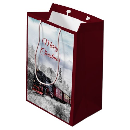 Vintage Train Winter Christmas Scene Medium Gift Bag