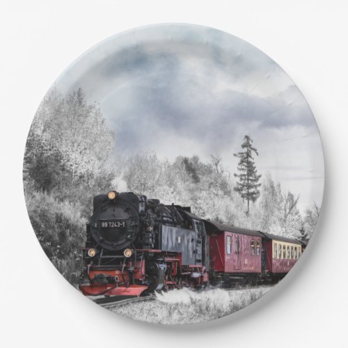 Vintage Train Winter Christmas Scene Paper Plates