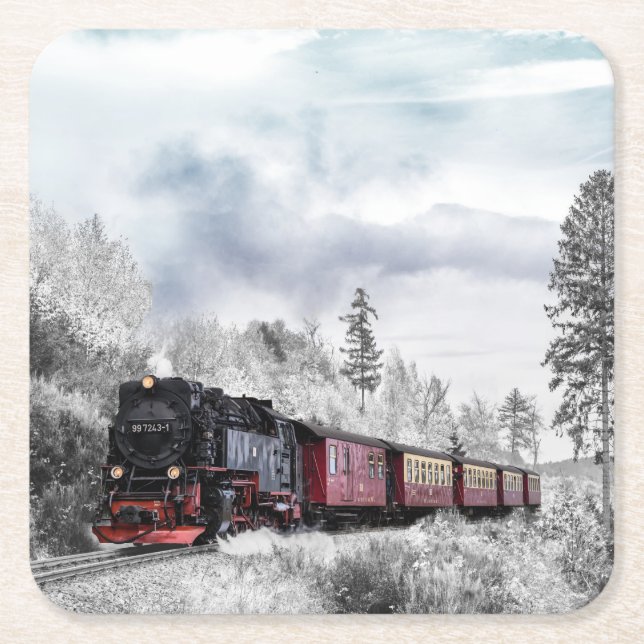 Vintage Train Winter Christmas Scene Square Paper Coaster (Front)