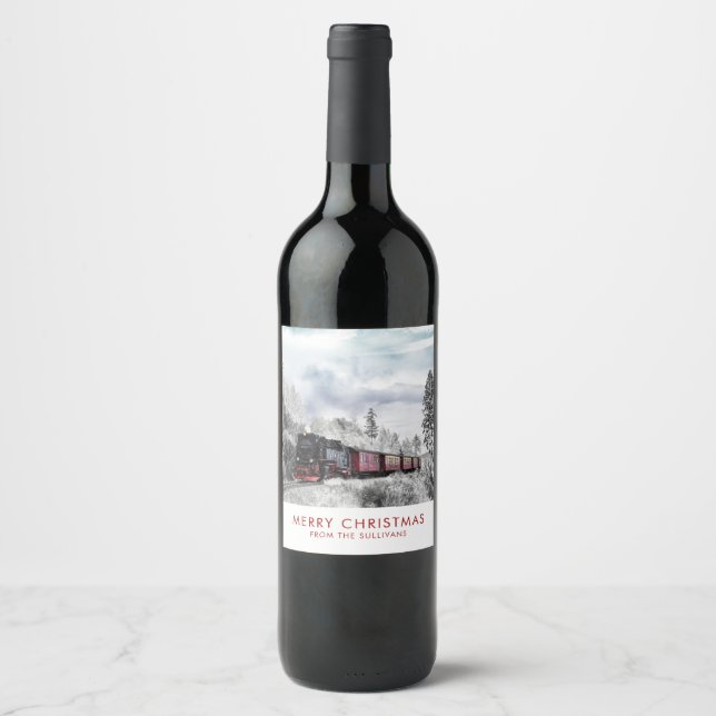 Vintage Train Winter Christmas Scene Wine Label (Front)