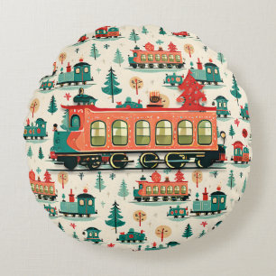 Vintage Trains Christmas Round Pillow