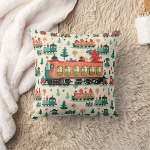 Vintage Trains Christmas Throw Pillow