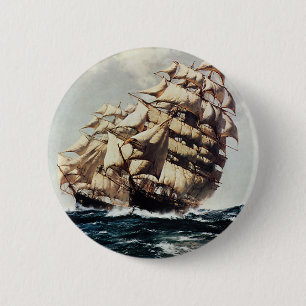 Vintage Transporation, Clipper Ships in Rough Seas Button
