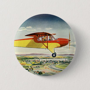 Vintage Transportation Airplane Over Farm Fields Button