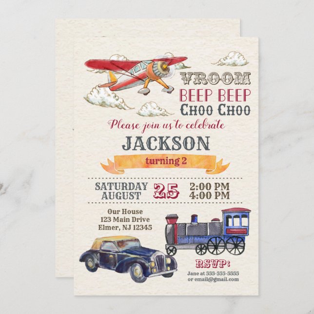 Vintage Transportation Birthday Invitation / Boy (Front/Back)