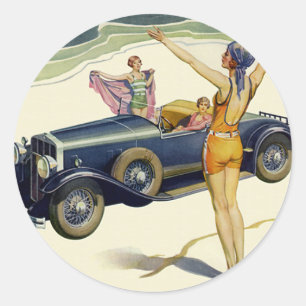 Vintage Transportation Convertible Car on Beach Classic Round Sticker