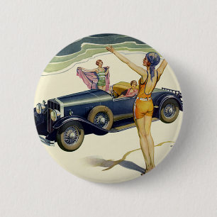 Vintage Transportation Convertible Car on Beach Pinback Button