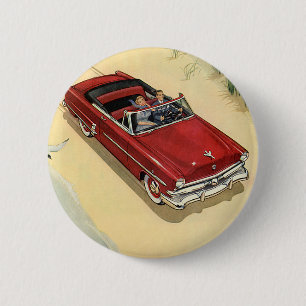 Vintage Transportation, Red Convertible Car Beach Button
