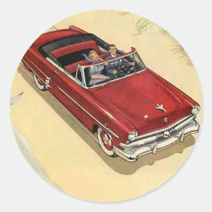 Vintage Transportation, Red Convertible Car Beach Classic Round Sticker