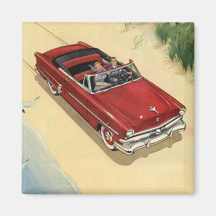 Vintage Transportation, Red Convertible Car Beach Magnet