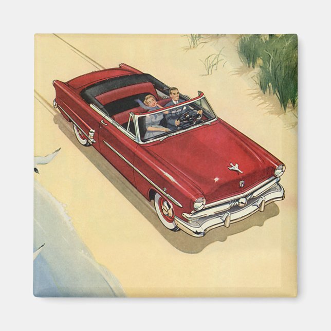Vintage Transportation, Red Convertible Car Beach Magnet (Front)