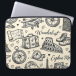Vintage Travel Adventures Seamless Pattern Laptop Sleeve<br><div class="desc">A dark academia style seamless pattern featuring vintage travel elements and adventure icons. Hand-drawn sketches of the Eiffel Tower,  the Colosseum,  old suitcases,  maps,  a globe,  and wanderlust typography on aged cream paper. Perfect for journaling,  home decor,  and vintage stationery</div>
