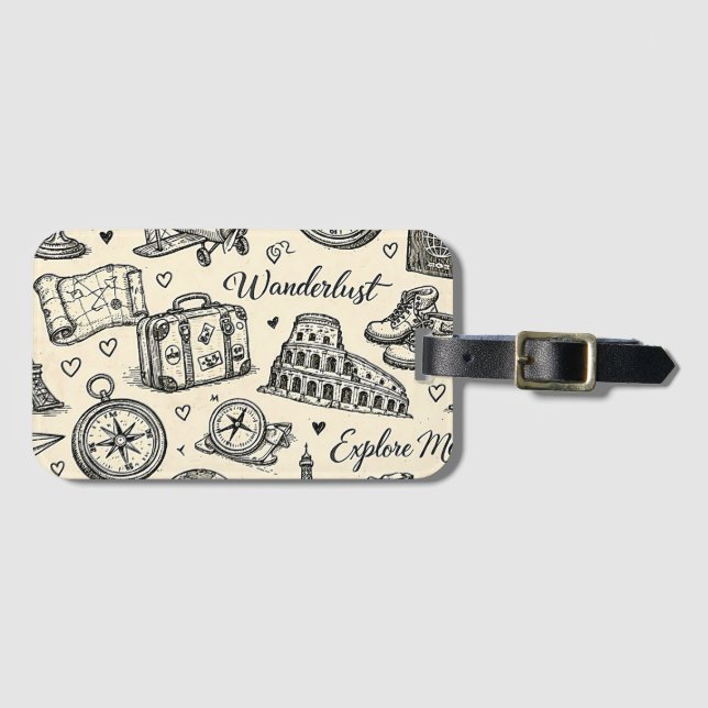 Vintage Travel Adventures Seamless Pattern Luggage Tag (Front Horizontal)