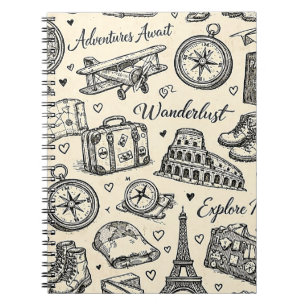 Vintage Travel Adventures Seamless Pattern Notebook
