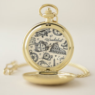 Vintage Travel Adventures Seamless Pattern Pocket Watch