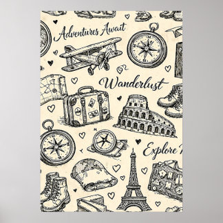Vintage Travel Adventures Seamless Pattern Poster