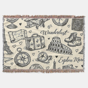 Vintage Travel Adventures Seamless Pattern Throw Blanket