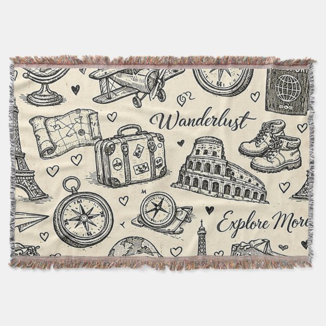 Vintage Travel Adventures Seamless Pattern Throw Blanket (Front)