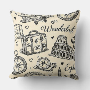 Vintage Travel Adventures Seamless Pattern Throw Pillow