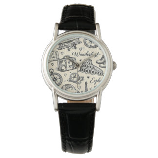 Vintage Travel Adventures Seamless Pattern Watch