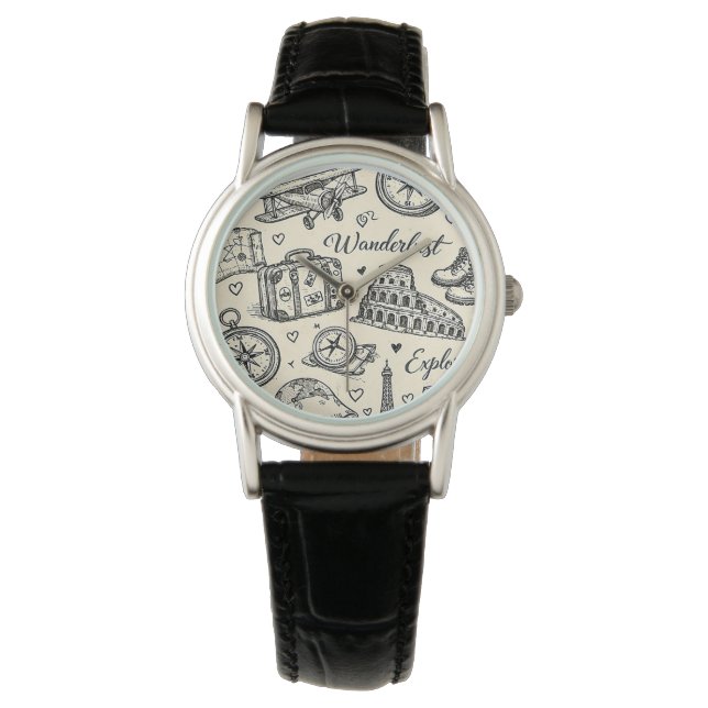 Vintage Travel Adventures Seamless Pattern Watch (Front)