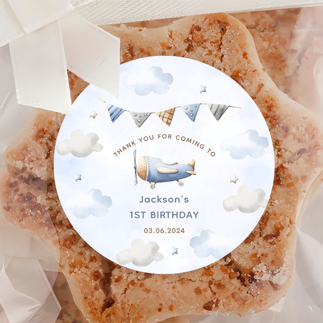 Vintage Travel Airplane Birthday Party Classic Round Sticker (Creator Uploaded)