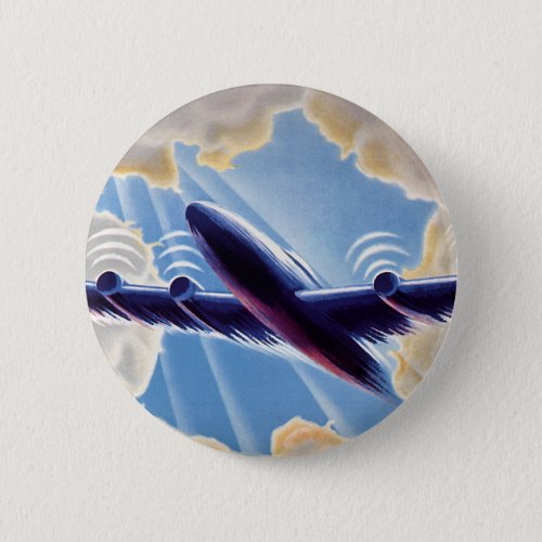 Vintage Travel Airplane Flying in Clouds in Sky Button