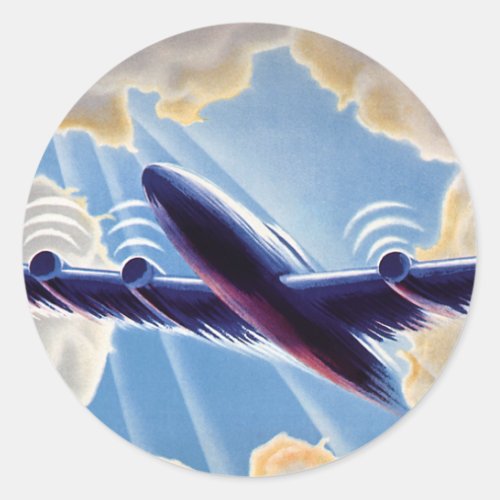 Vintage Travel Airplane Flying in Clouds in Sky Classic Round Sticker